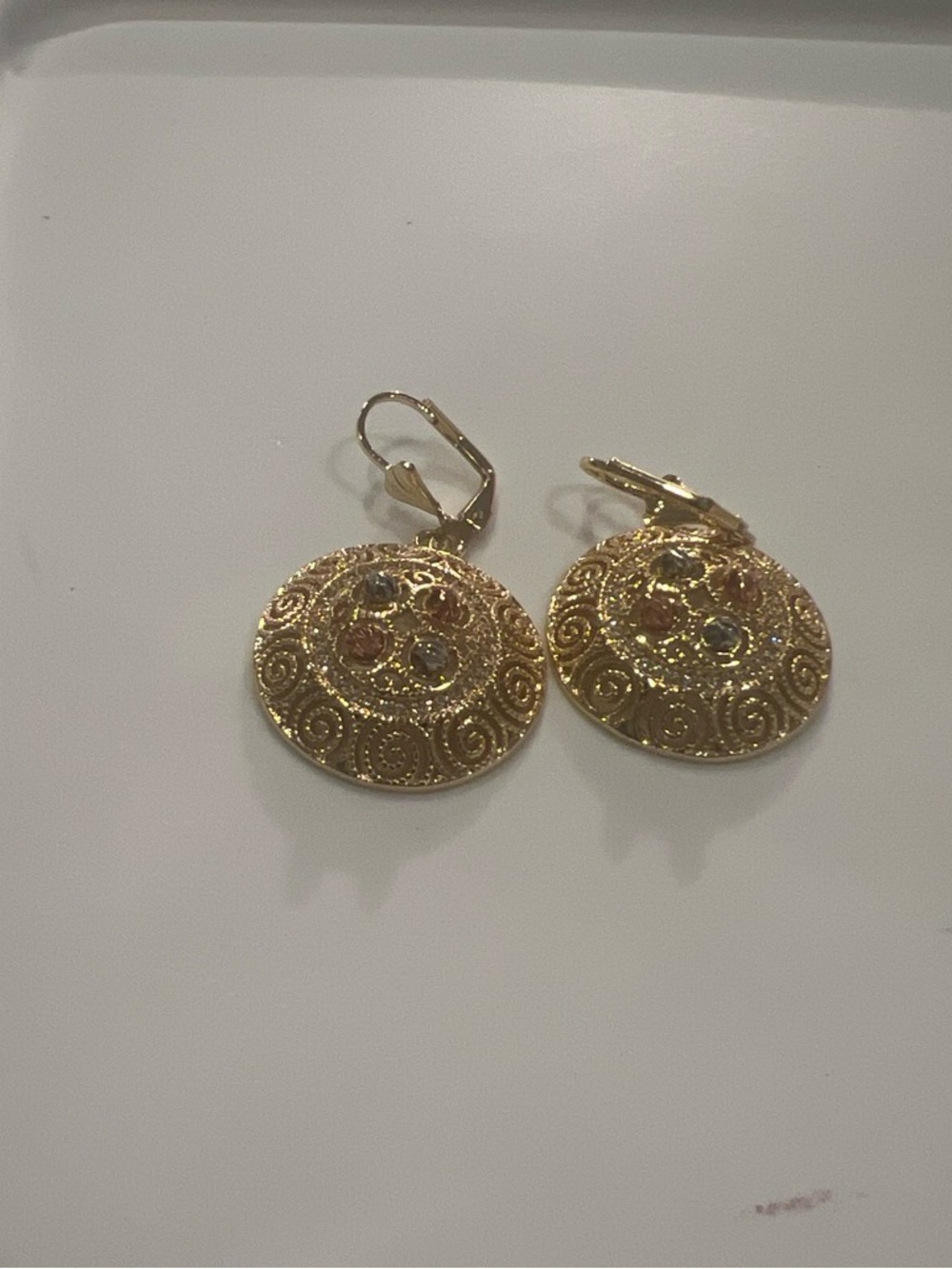 Gold-Tone Filigree Round Drop Earrings with Multicolored Stones